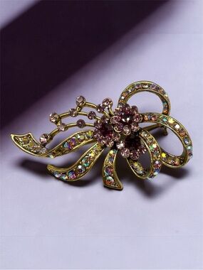 Purple Rhinestone & AB Crystal Floral Spray Brooch Bow Ribbon Pin Gold Tone